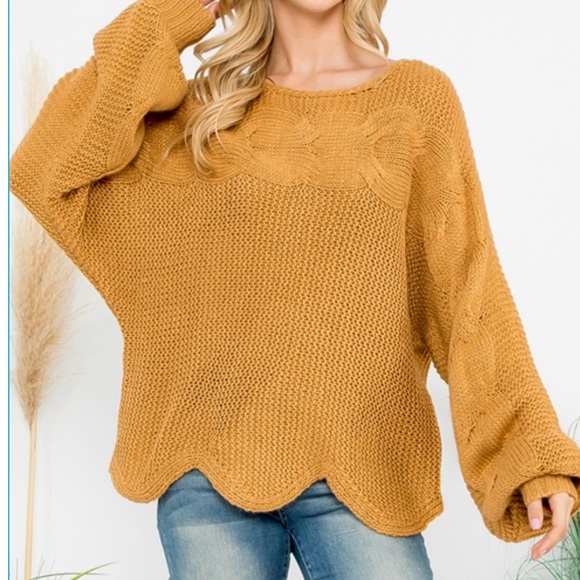 Boho Scallop Hem Balloon Sleeves Sweater - Picture 2 of 3